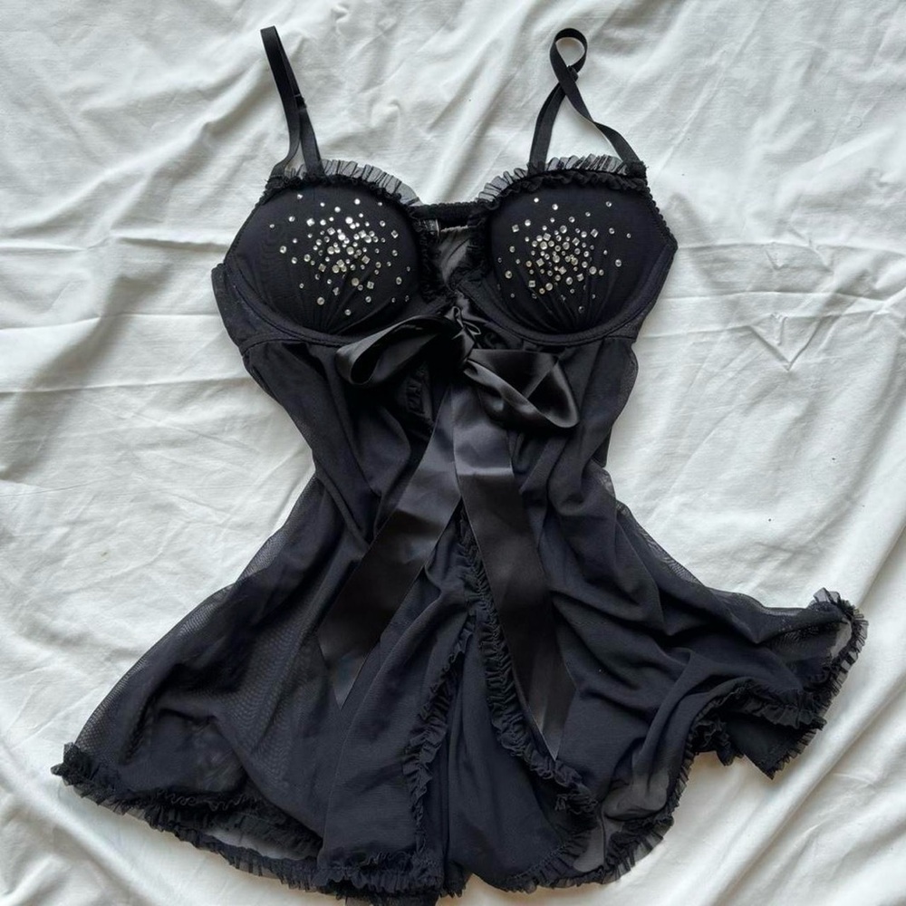 Victoria's Secret 2000’s black rhinestone beaded sequin sheer Vest babydoll top